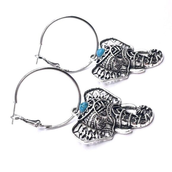 Silver with Turquoise Boho Elephants Hinged Post Hoop Earrings - Picture 3 of 7